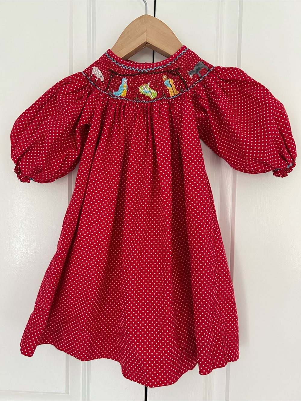 Mom & Me Smocked Baby Dress 12 Months Red Polka Dot Christmas Manger Nativity